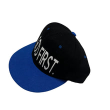 Load image into Gallery viewer, Vintage 1990s Black And Royal Blue God First SnapBack Hat
