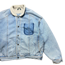 Load image into Gallery viewer, Vintage Faded Distressed Light Blue Camel Sherpa Denim Jacket
