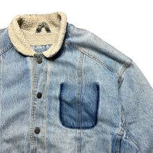 Load image into Gallery viewer, Vintage Faded Distressed Light Blue Camel Sherpa Denim Jacket
