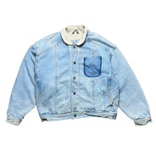 Load image into Gallery viewer, Vintage Faded Distressed Light Blue Camel Sherpa Denim Jacket
